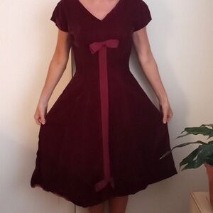 Vintage 50s Velvet Abe Schrader Burgundy Red Retro Front Bow Cocktail Dress